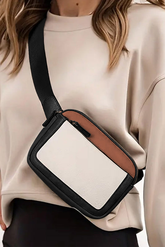 White Color Block Adjustable Belt PU Leather Crossbody Bag - Sluxe Fashions