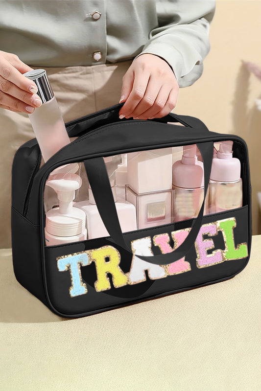 Black TRAVEL Chenille Letter Clear PVC Makeup Bag - Sluxe Fashions