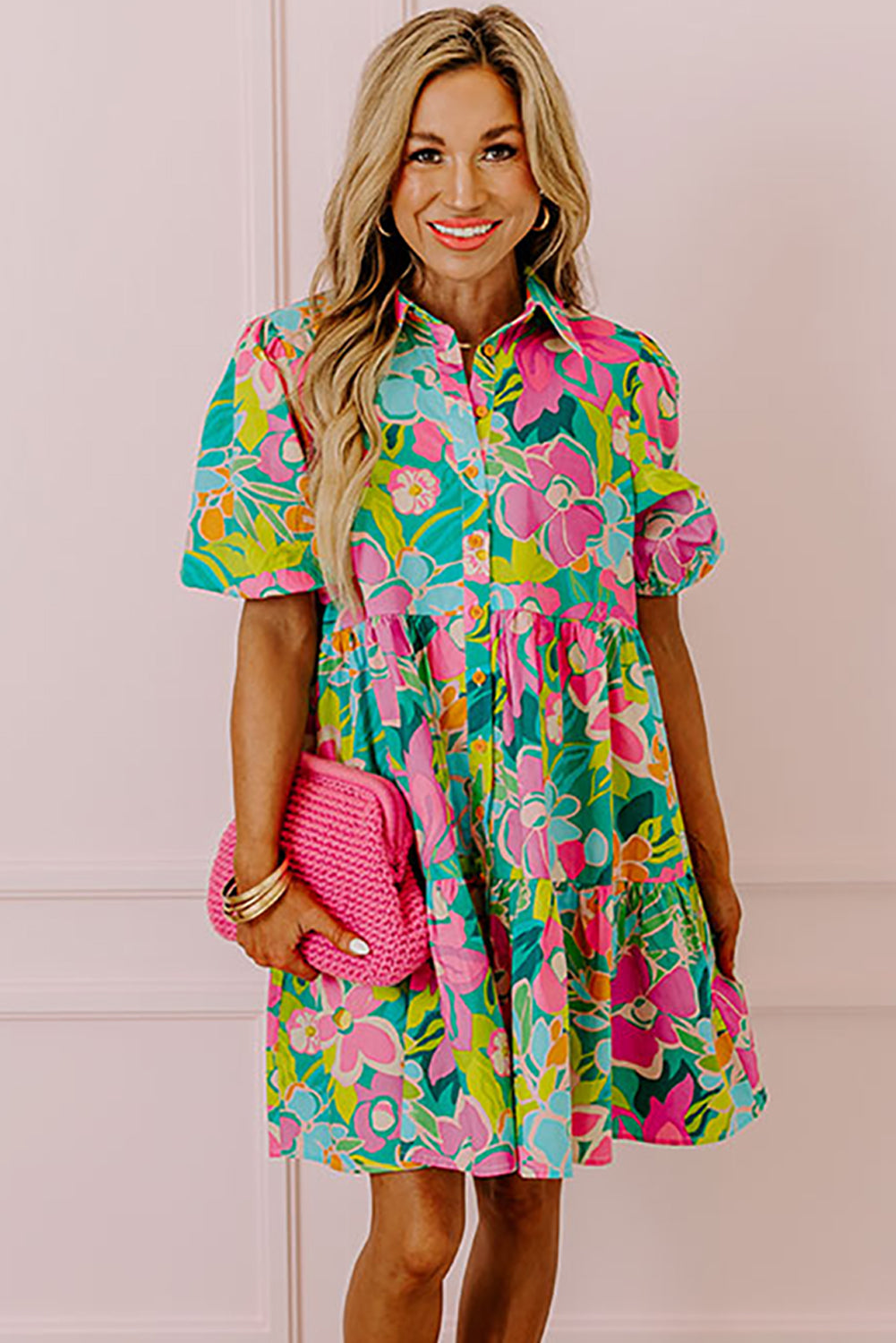 Green Floral Puff Sleeve Buttoned Babydoll Dress - Sluxe Fashions