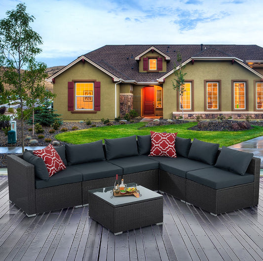Patio Furniture, Outdoor Furniture, Seasonal PE Wicker Furniture, 7 Set Wicker Furniture With Tempered Glass Coffee Table - Sluxe Fashions