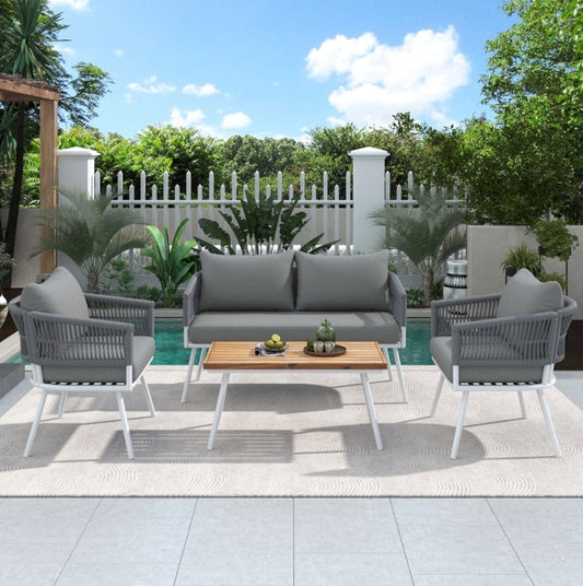K&K 4-Piece Boho Rope Patio Furniture Set, Outdoor Furniture With Acacia Wood Table, Patio Conversat - Sluxe Global