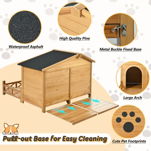 48 Wooden Dog House Outdoor With Porch, Dog Kennel With Water-Resistant Asphalt Roof And Fencing,Indoor & Outdoor Dog Crate With Paw Print, Medium, Nature Sluxe Global